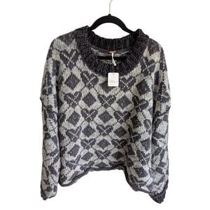 Free People Argyle slouchy oversized boxy Charcoal Grey Sweater Sz Lg NWT